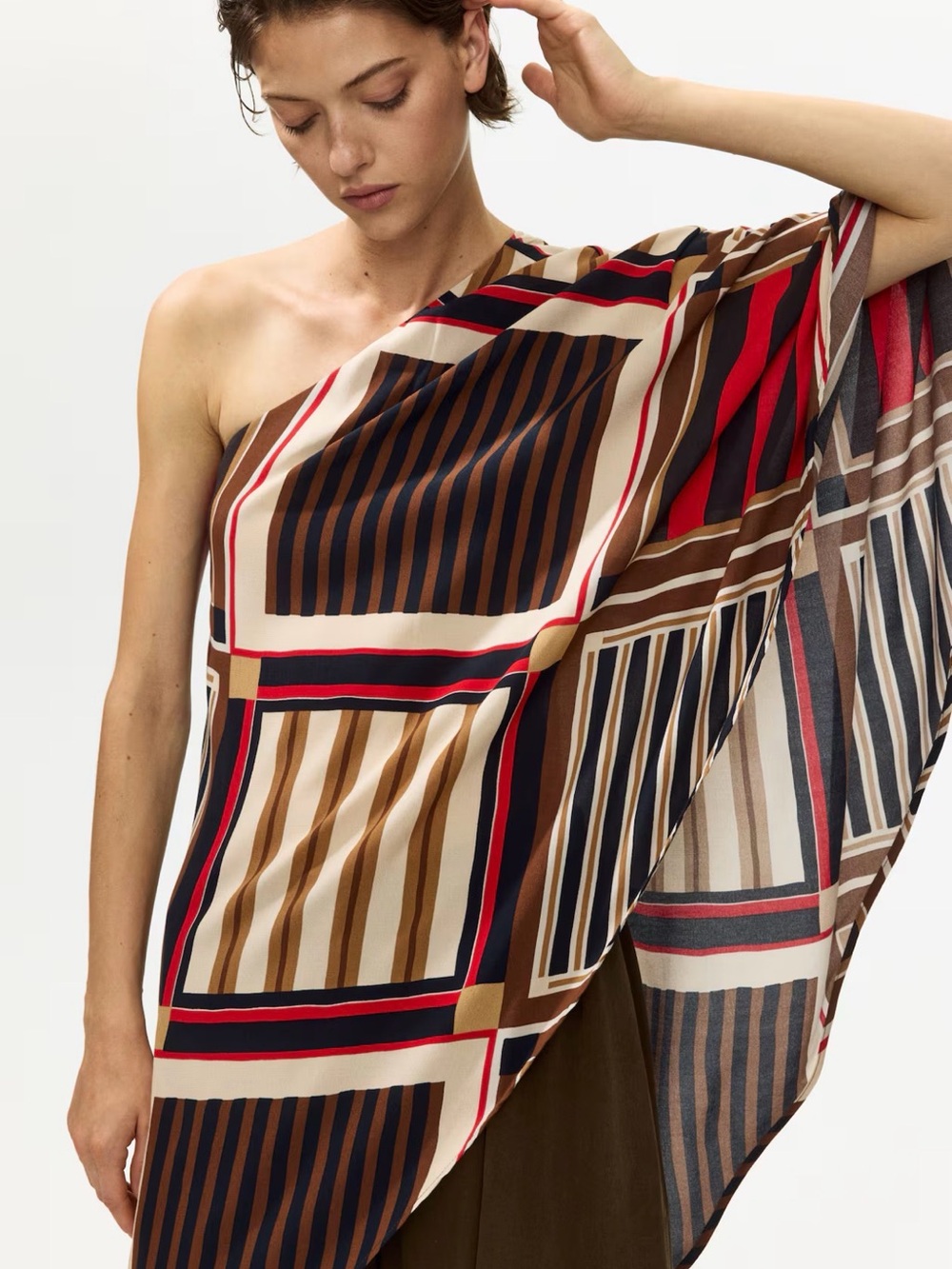 H&M One-Shoulder Geometric Print Top in Brown, Red & Cream